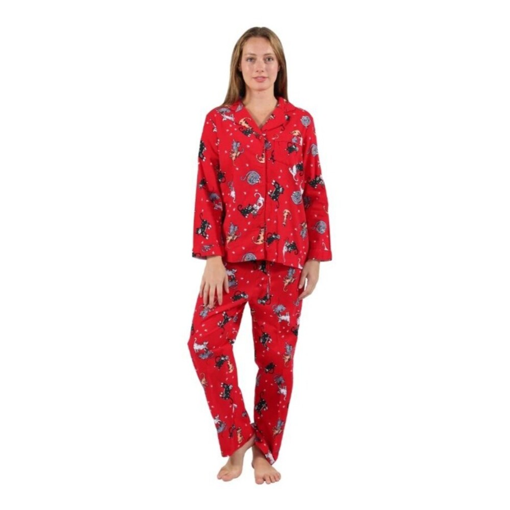 NEW LA CERA 100% COTTON FLANNEL PAJAMA SET CAT PRINT RED PLUS SIZE 1X KITTY PJS